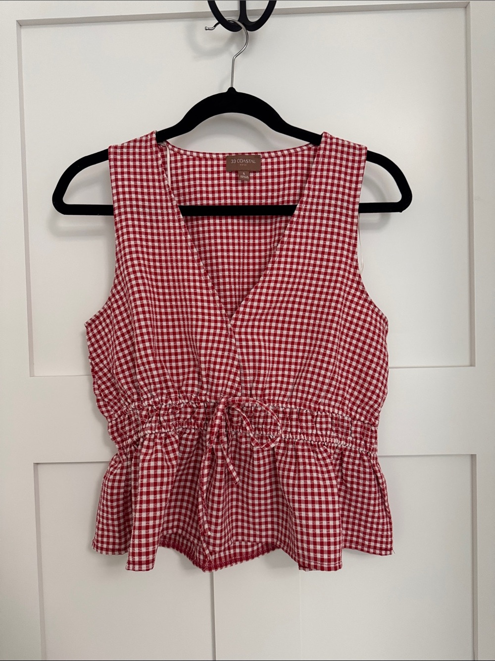 Buckle Red Gingham Drawstring Peplum Tank